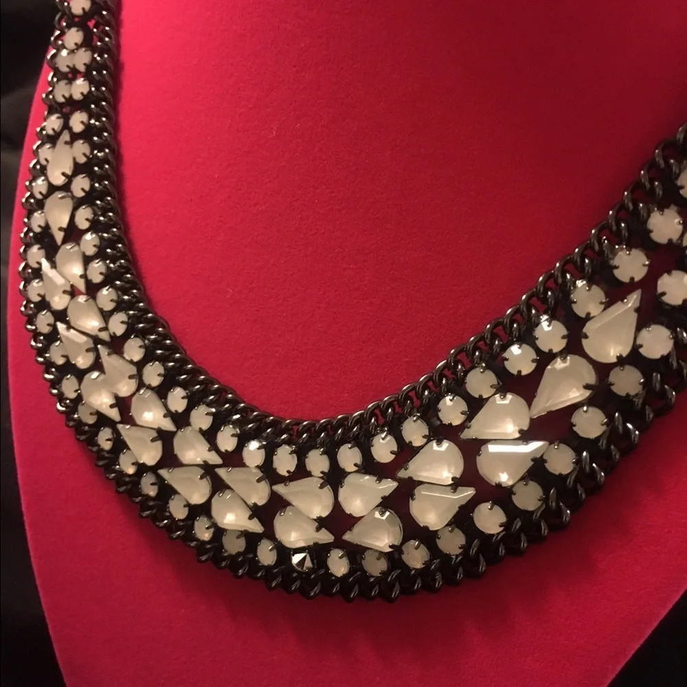 Statement Bib Necklace Black Pewter Pearlescent White Stone Adjustable